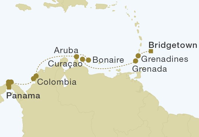Star Clipper - Barbados to Panama 14 Nights Itinerary Map